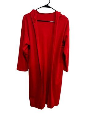 Red Open Front Longline Hooded Cardigan Split Hem 3/4 Sleeves Casual Loungewear